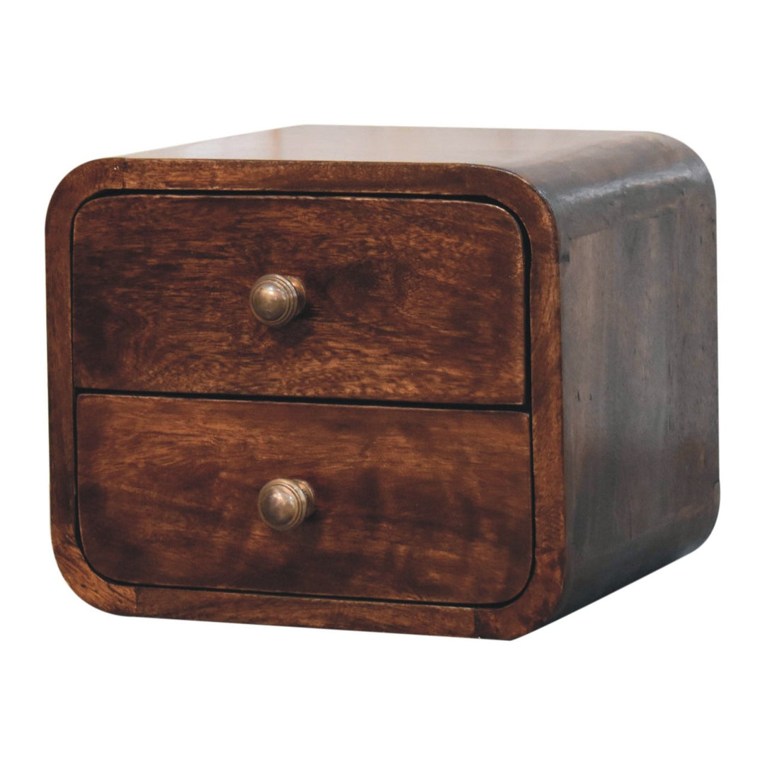 Solid Wood Mini Curved California Walnut Wall-Mounted Bedside, 2-Drawers, Brown