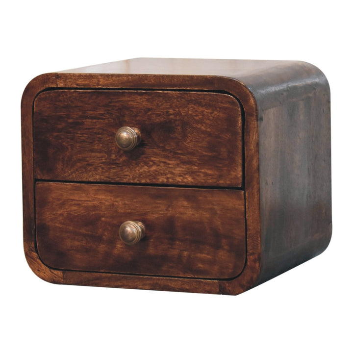 Solid Wood Mini Curved California Walnut Wall-Mounted Bedside, 2-Drawers, Brown