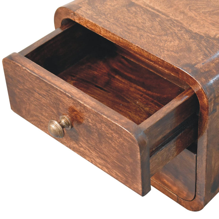 Solid Wood Mini Curved California Walnut Wall-Mounted Bedside, 2-Drawers, Brown