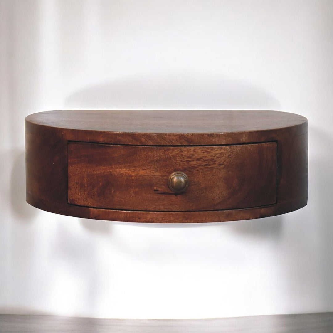 Solid Wood Honey Caramel Wall-Mounted Rounded Bedside, 1-Drawer, Brown