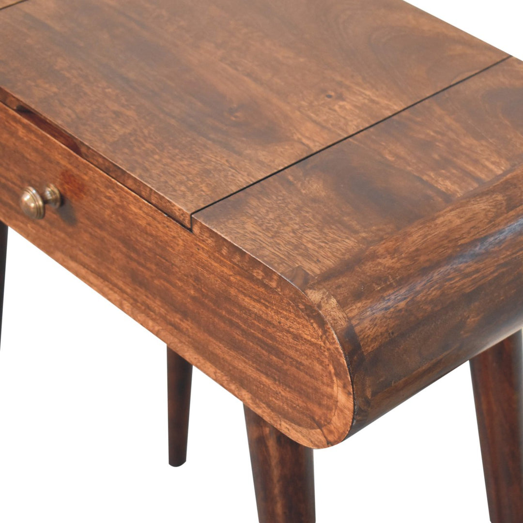 Solid Wood Mini California Walnut Dressing Table with Foldable Mirror, Nordic Legs, Brown