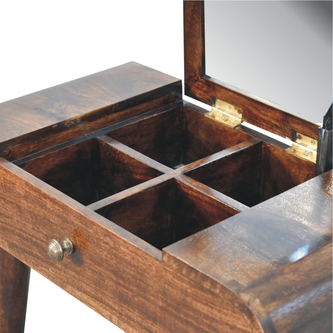 Solid Wood Mini California Walnut Dressing Table with Foldable Mirror, Nordic Legs, Brown