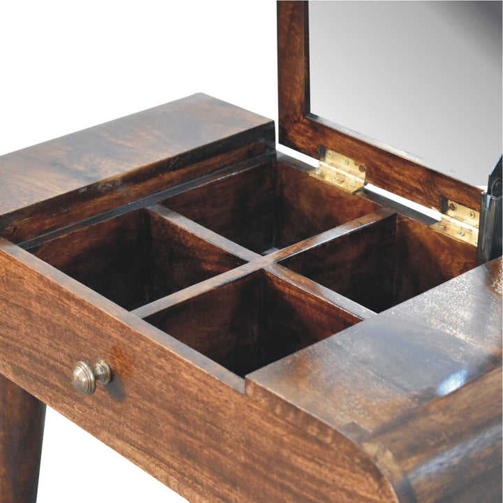 Solid Wood Mini California Walnut Dressing Table with Foldable Mirror, Nordic Legs, Brown