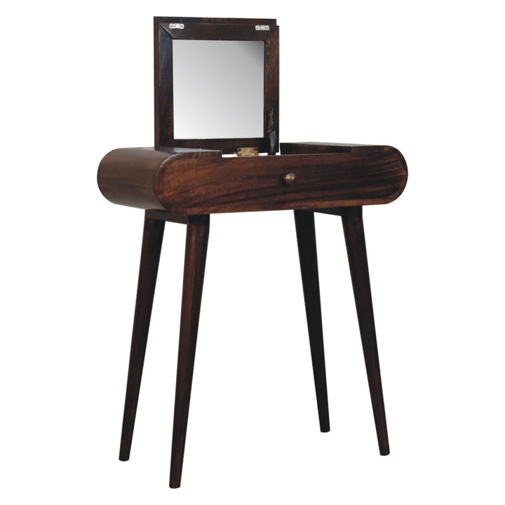 Solid Wood Mini California Walnut Dressing Table with Foldable Mirror, Nordic Legs, Brown