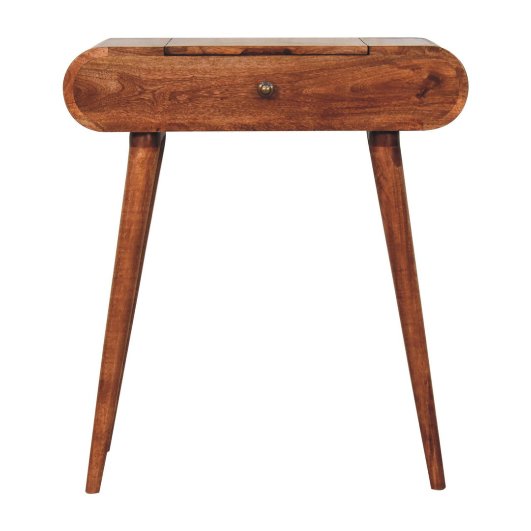 Solid Wood Mini Honey Caramel Dressing Table with Foldable Mirror, Nordic Legs, Light Brown