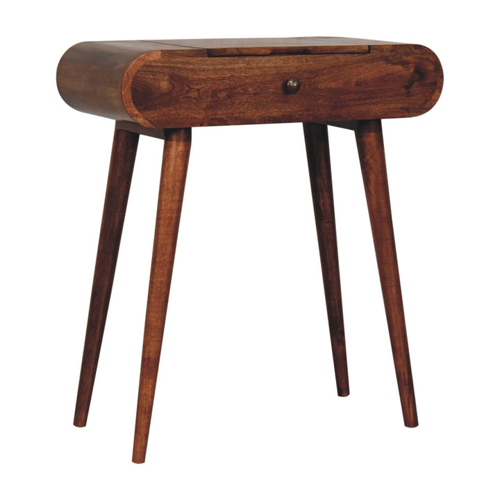 Solid Wood Mini Honey Caramel Dressing Table with Foldable Mirror, Nordic Legs, Light Brown