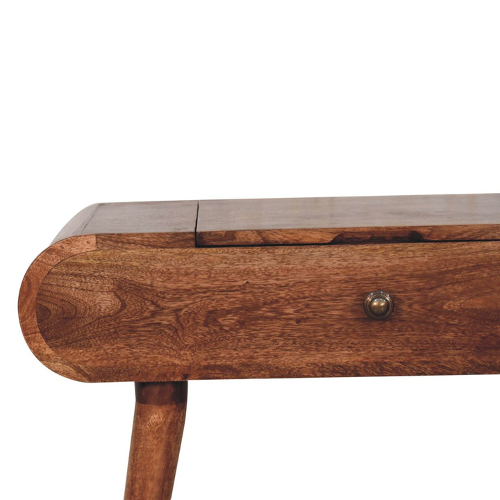 Solid Wood Mini Honey Caramel Dressing Table with Foldable Mirror, Nordic Legs, Light Brown