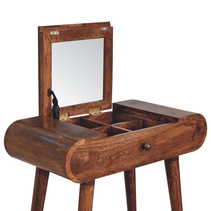 Solid Wood Mini Honey Caramel Dressing Table with Foldable Mirror, Nordic Legs, Light Brown