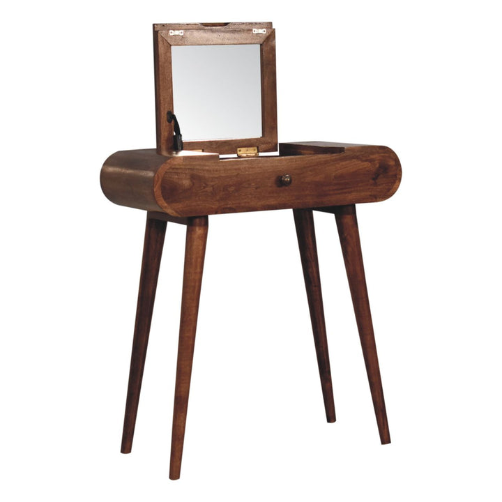 Solid Wood Mini Honey Caramel Dressing Table with Foldable Mirror, Nordic Legs, Light Brown