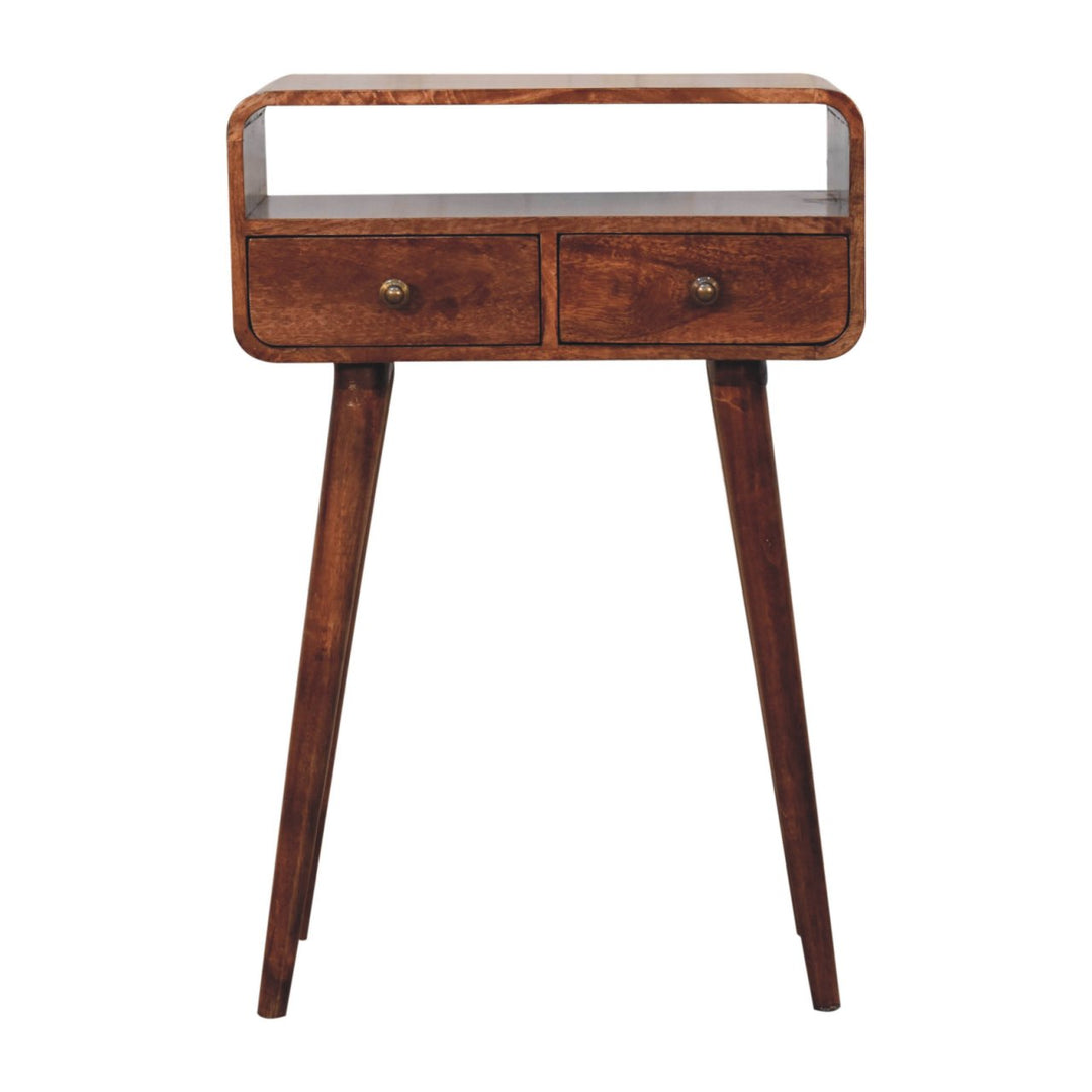 Solid Wood Mini Curved Honey Caramel Console Table, 2-Drawers, Open Slot, Nordic Legs, Brown