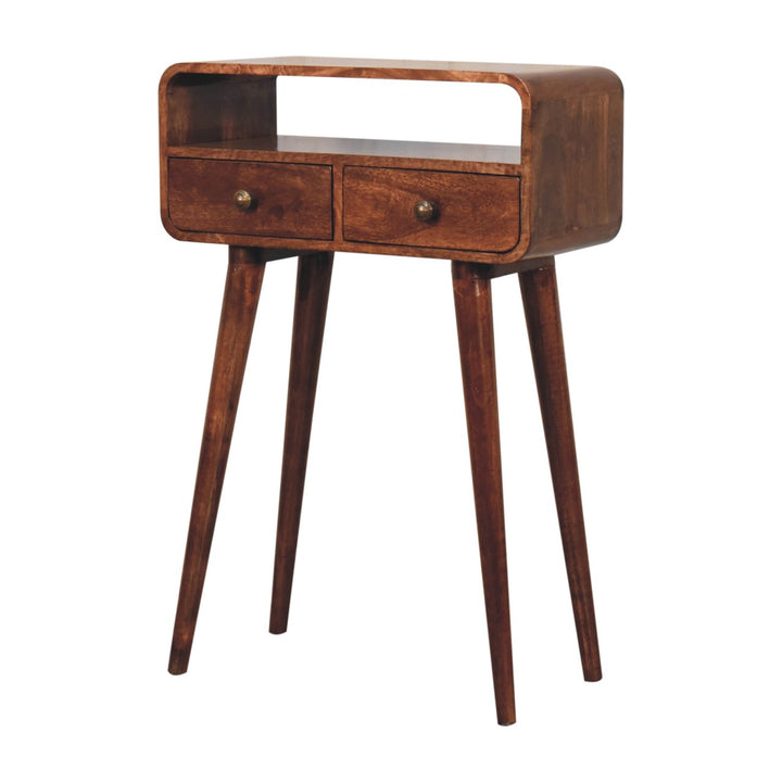 Solid Wood Mini Curved Honey Caramel Console Table, 2-Drawers, Open Slot, Nordic Legs, Brown