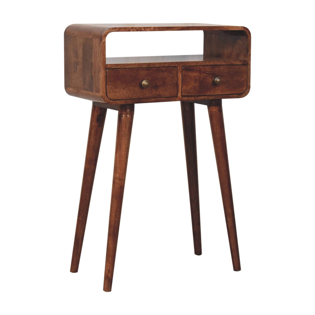 Solid Wood Mini Curved Honey Caramel Console Table, 2-Drawers, Open Slot, Nordic Legs, Brown