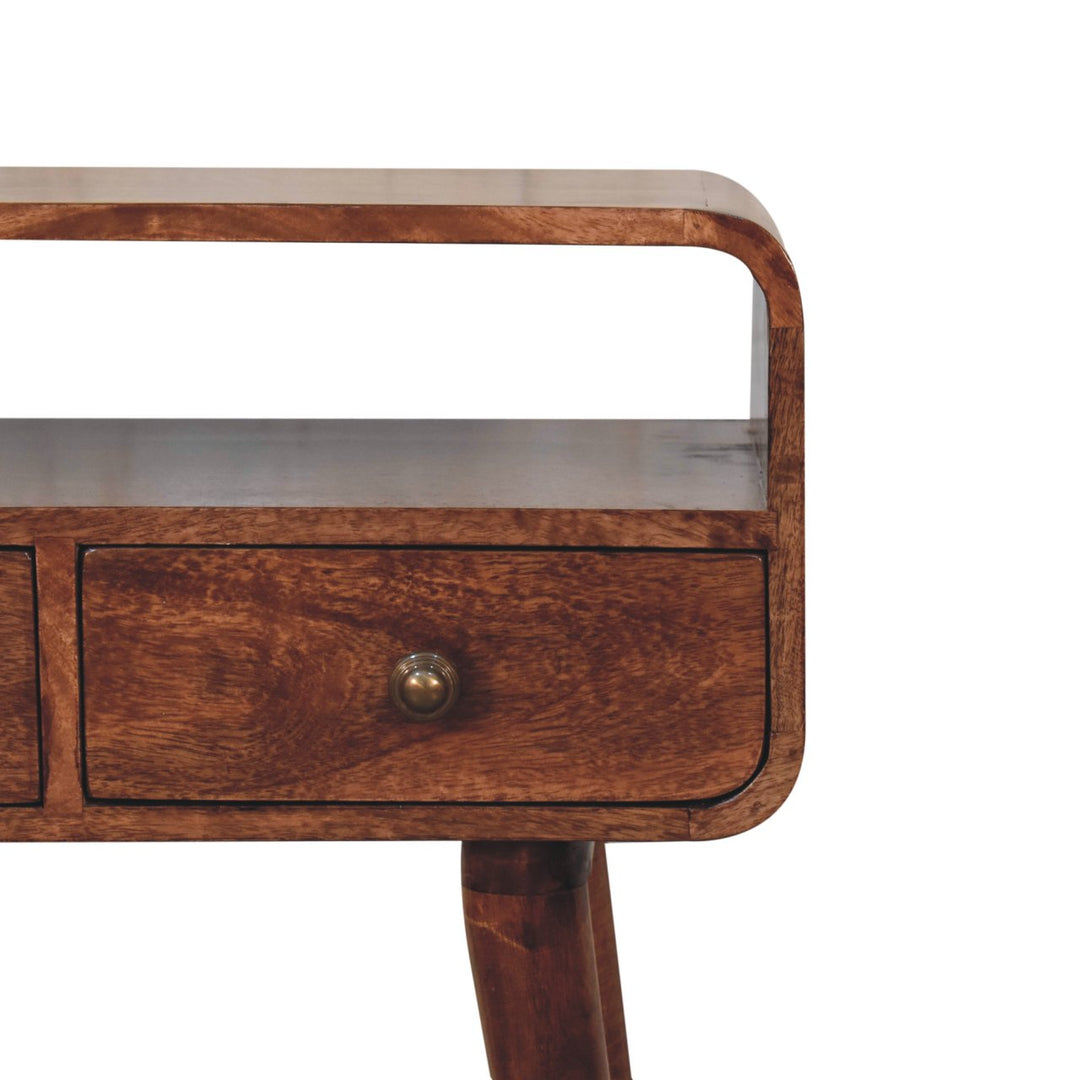 Solid Wood Mini Curved Honey Caramel Console Table, 2-Drawers, Open Slot, Nordic Legs, Brown