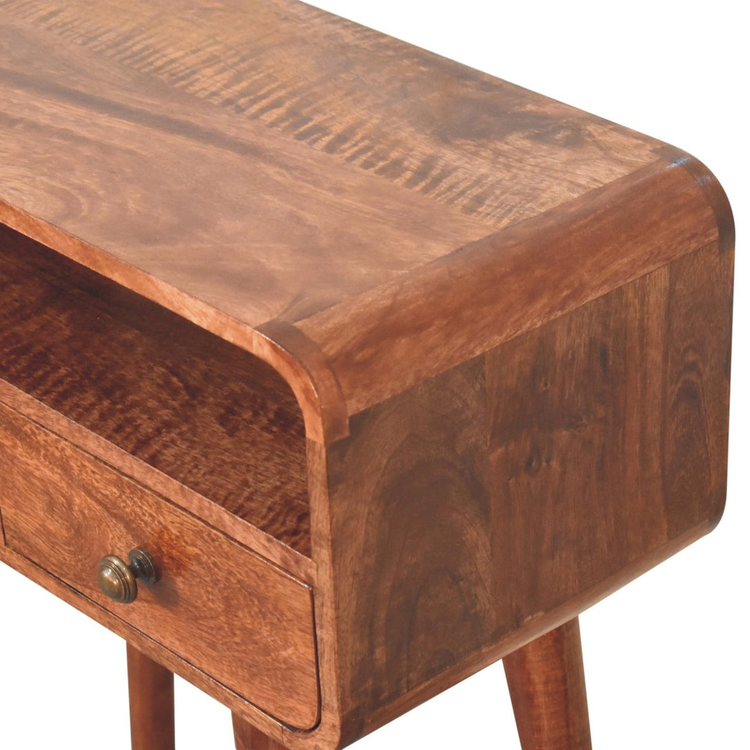 Solid Wood Mini Curved Honey Caramel Console Table, 2-Drawers, Open Slot, Nordic Legs, Brown