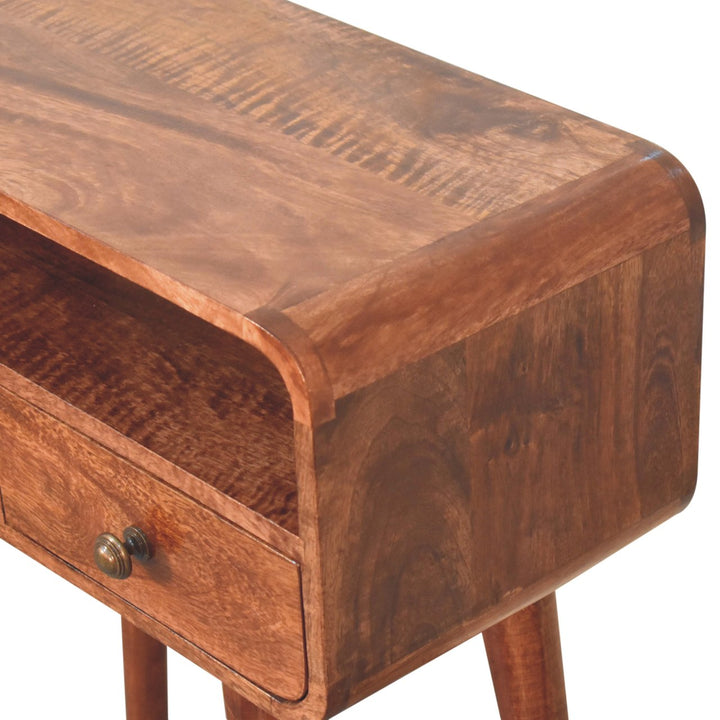 Solid Wood Mini Curved Honey Caramel Console Table, 2-Drawers, Open Slot, Nordic Legs, Brown