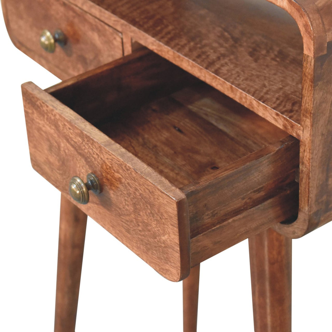 Solid Wood Mini Curved Honey Caramel Console Table, 2-Drawers, Open Slot, Nordic Legs, Brown