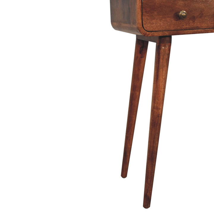 Solid Wood Mini Curved Honey Caramel Console Table, 2-Drawers, Open Slot, Nordic Legs, Brown