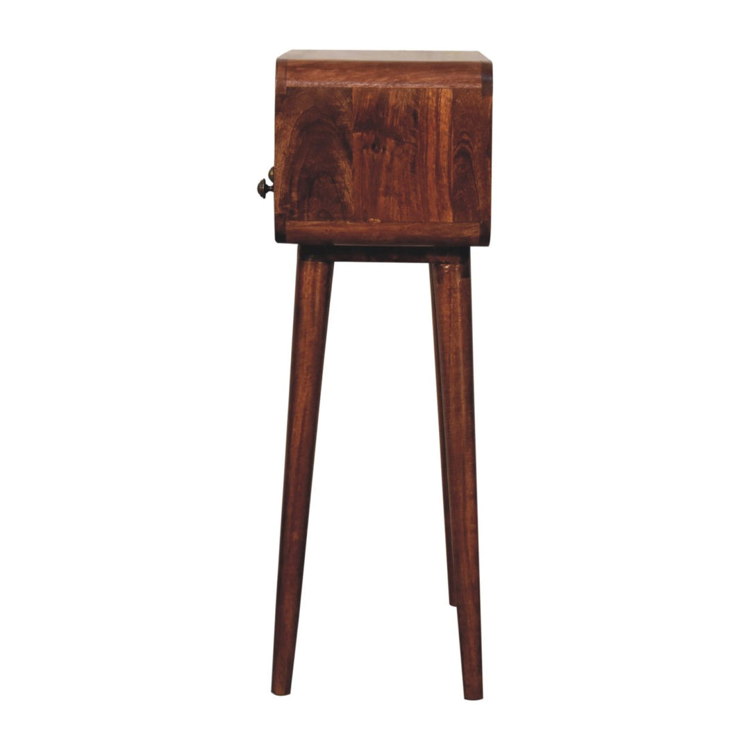 Solid Wood Mini Curved Honey Caramel Console Table, 2-Drawers, Open Slot, Nordic Legs, Brown