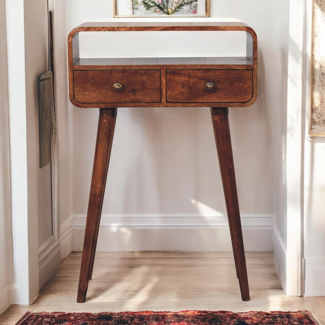 Solid Wood Mini Curved Honey Caramel Console Table, 2-Drawers, Open Slot, Nordic Legs, Brown
