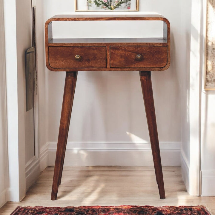 Solid Wood Mini Curved Honey Caramel Console Table, 2-Drawers, Open Slot, Nordic Legs, Brown