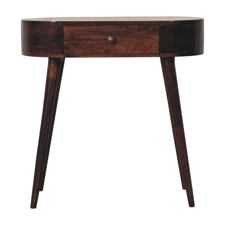 Solid Wood Honey Caramel Rounded Small Console Table, 1-Drawer, Nordic Legs, Dark Brown
