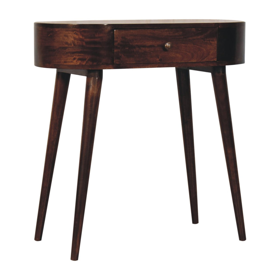 Solid Wood Honey Caramel Rounded Small Console Table, 1-Drawer, Nordic Legs, Dark Brown