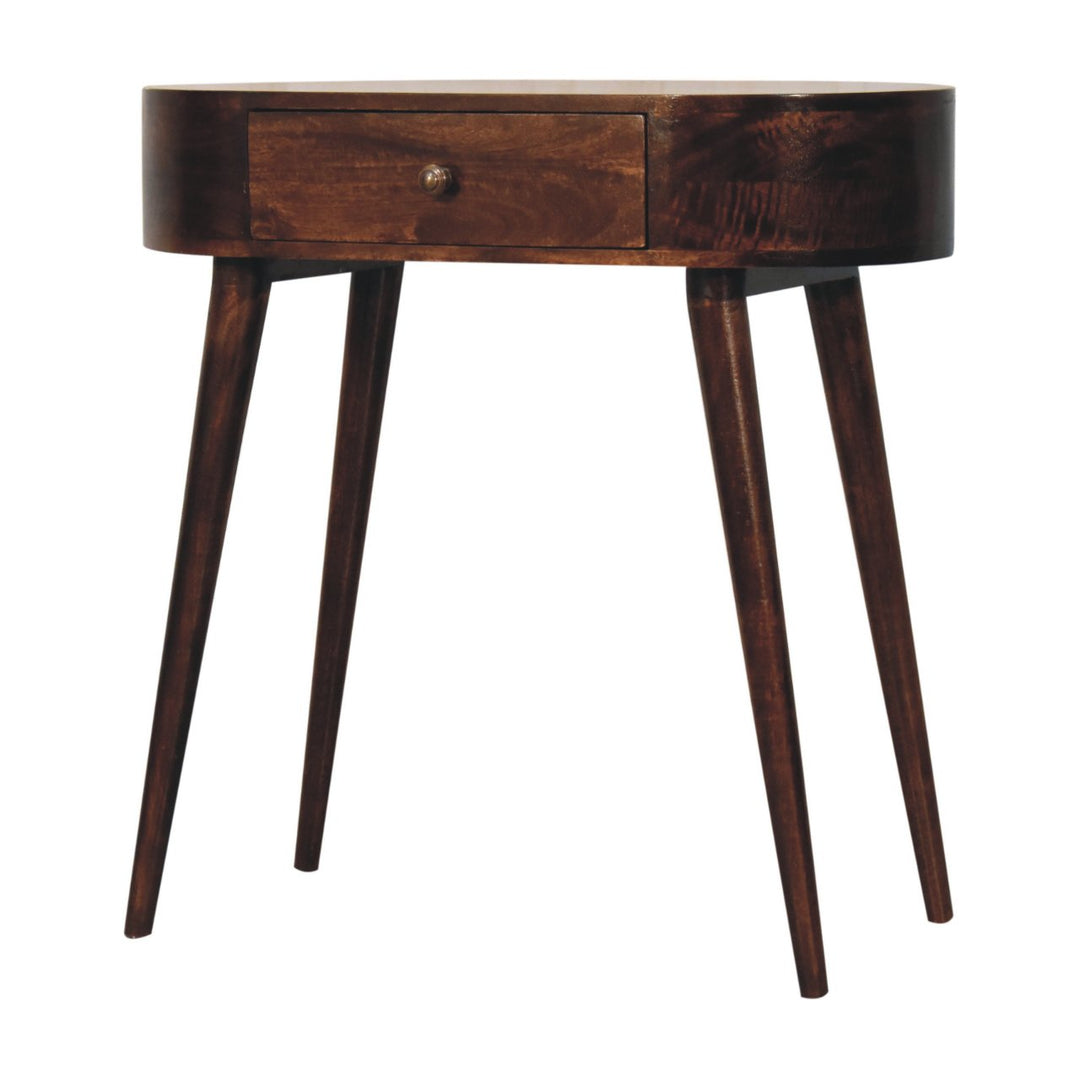 Solid Wood Honey Caramel Rounded Small Console Table, 1-Drawer, Nordic Legs, Dark Brown