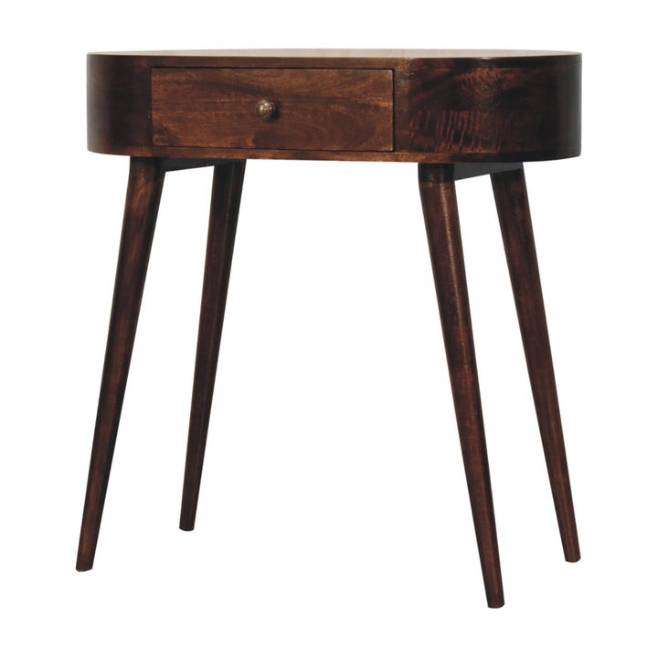 Solid Wood Honey Caramel Rounded Small Console Table, 1-Drawer, Nordic Legs, Dark Brown