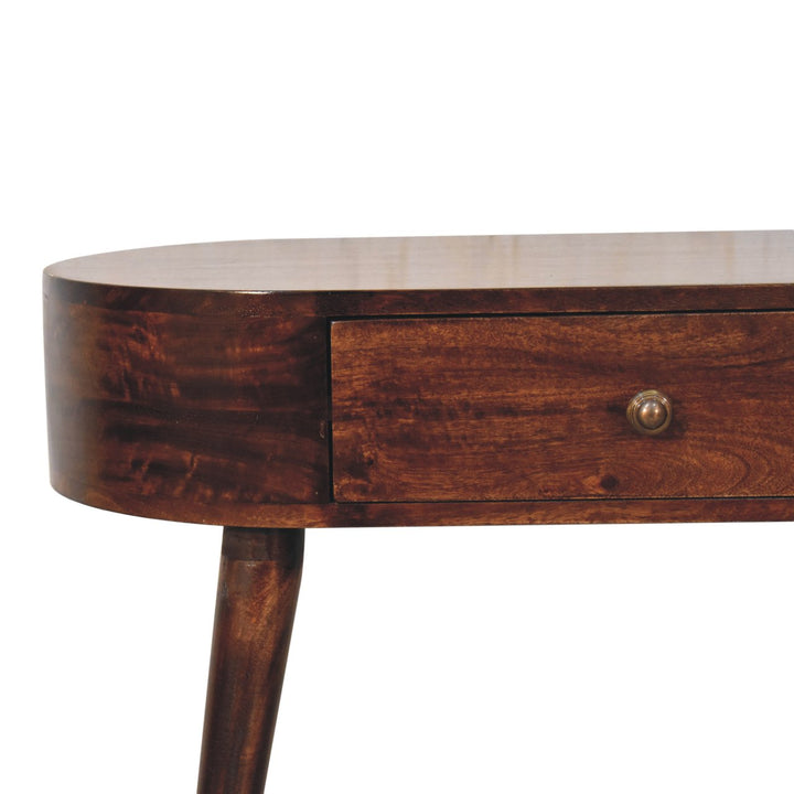 Solid Wood Honey Caramel Rounded Small Console Table, 1-Drawer, Nordic Legs, Dark Brown