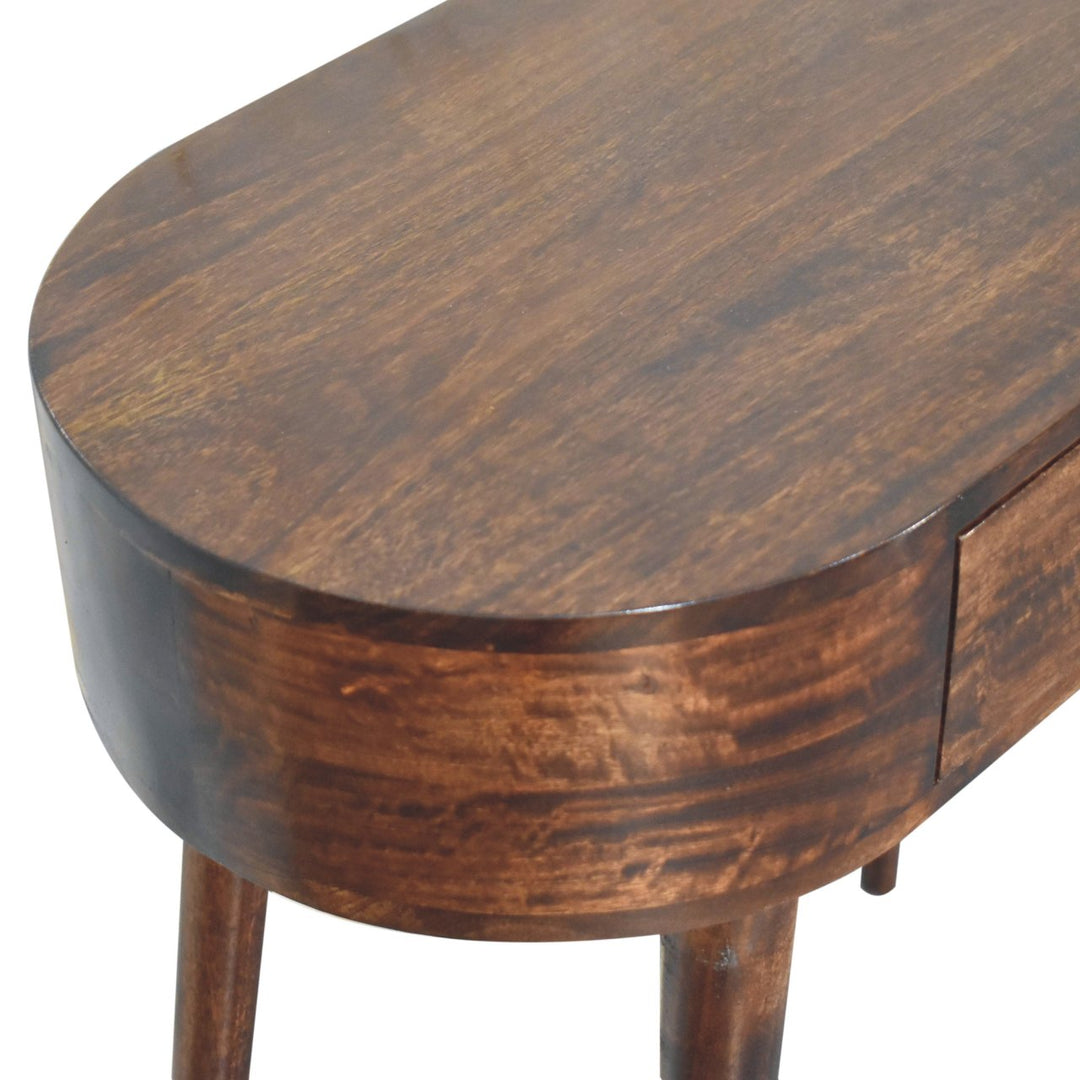 Solid Wood Honey Caramel Rounded Small Console Table, 1-Drawer, Nordic Legs, Dark Brown