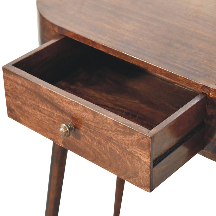 Solid Wood Honey Caramel Rounded Small Console Table, 1-Drawer, Nordic Legs, Dark Brown