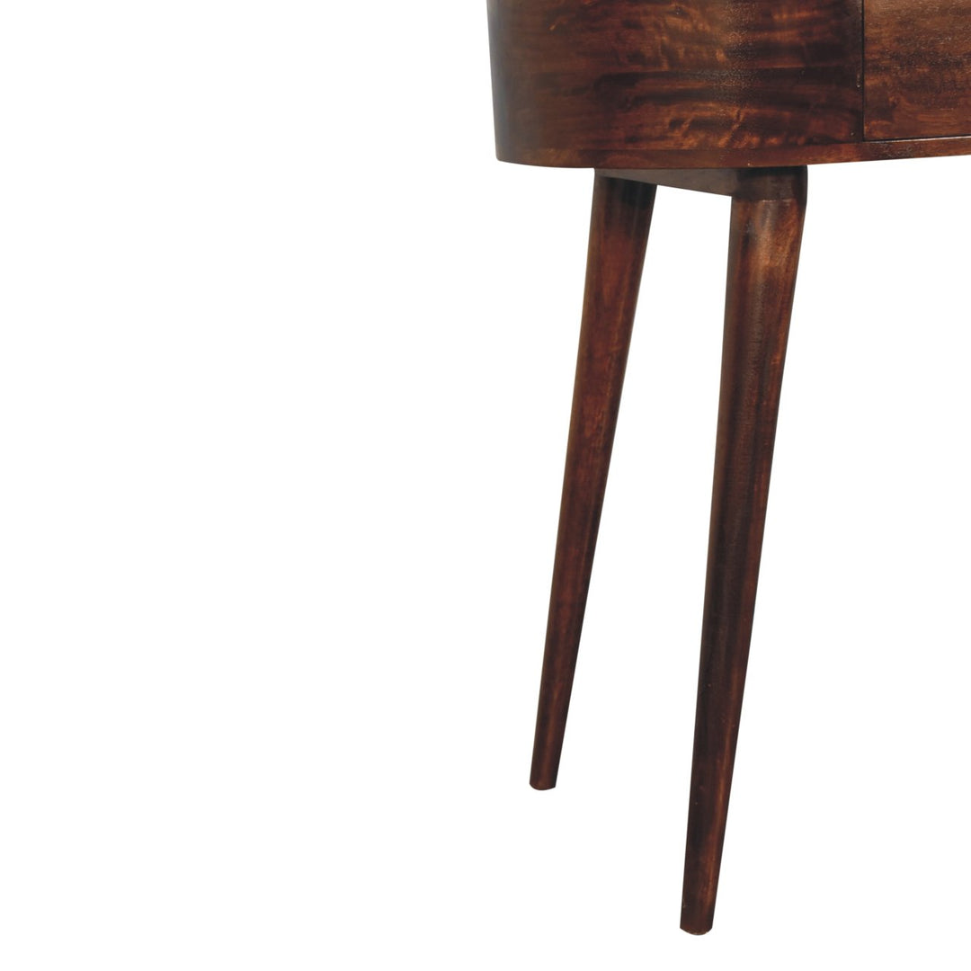 Solid Wood Honey Caramel Rounded Small Console Table, 1-Drawer, Nordic Legs, Dark Brown