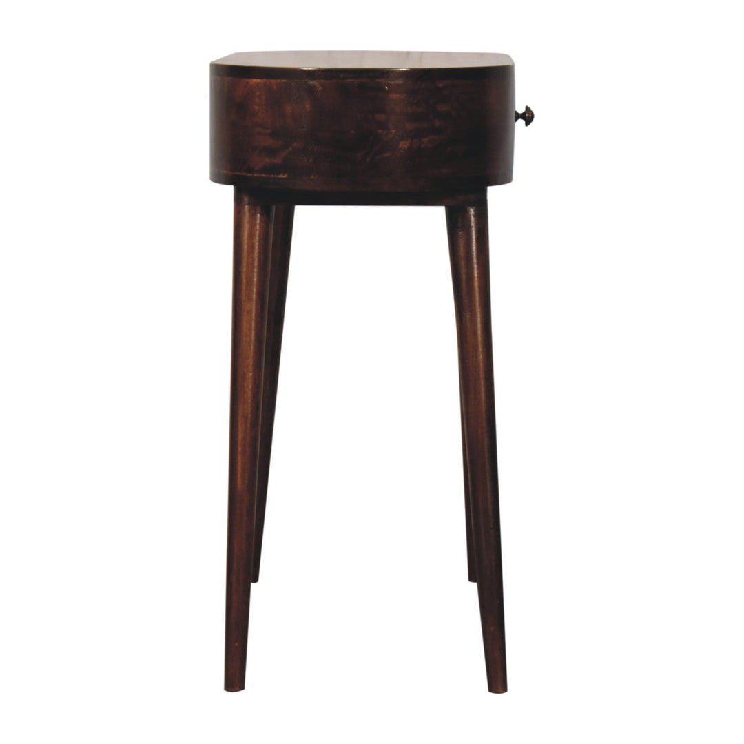 Solid Wood Honey Caramel Rounded Small Console Table, 1-Drawer, Nordic Legs, Dark Brown