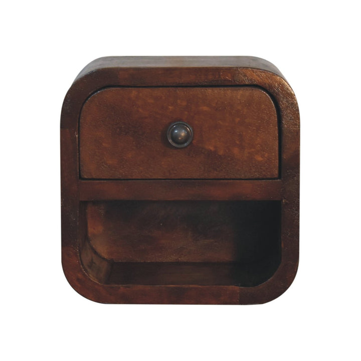 Extra Mini Curved Chestnut Bedside with Open Slot, 1-Drawer, Dark Brown