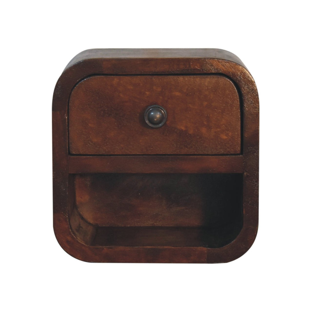 Extra Mini Curved Chestnut Bedside with Open Slot, 1-Drawer, Dark Brown