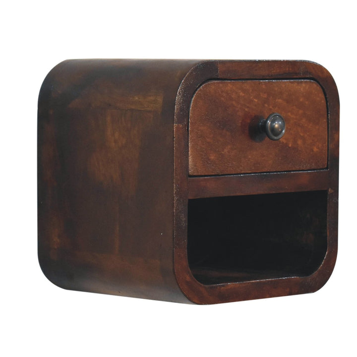 Extra Mini Curved Chestnut Bedside with Open Slot, 1-Drawer, Dark Brown