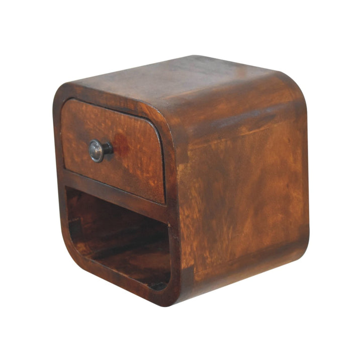 Extra Mini Curved Chestnut Bedside with Open Slot, 1-Drawer, Dark Brown