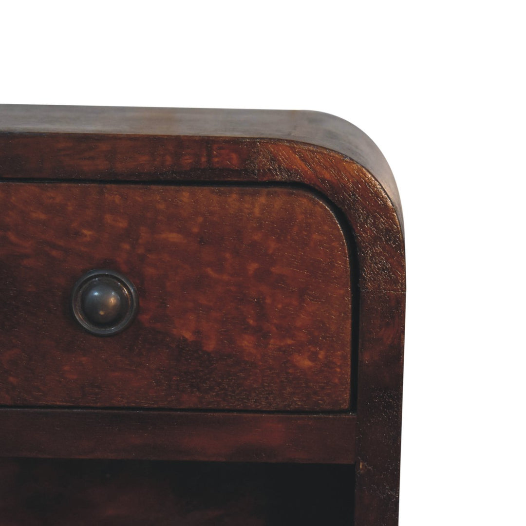 Extra Mini Curved Chestnut Bedside with Open Slot, 1-Drawer, Dark Brown