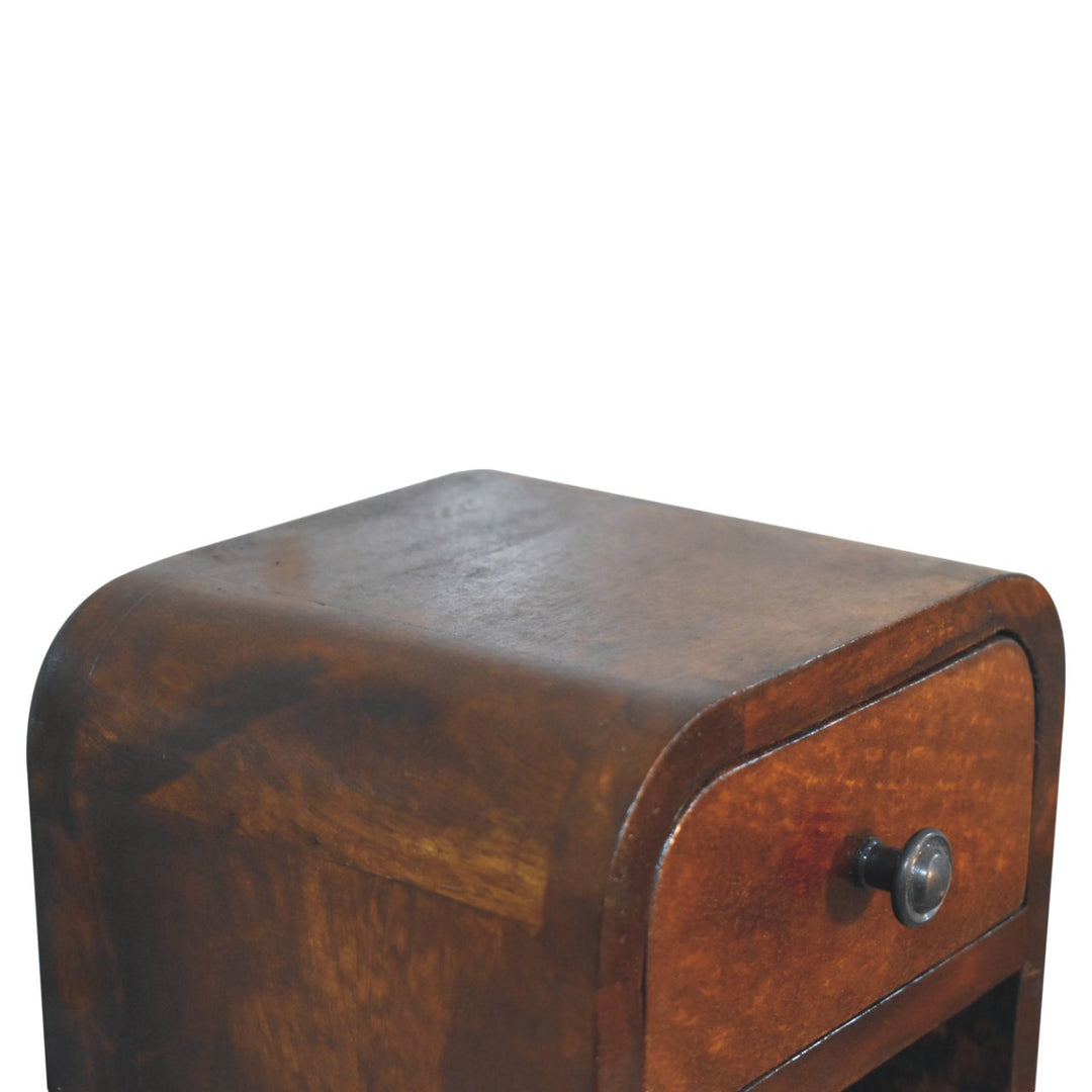 Extra Mini Curved Chestnut Bedside with Open Slot, 1-Drawer, Dark Brown