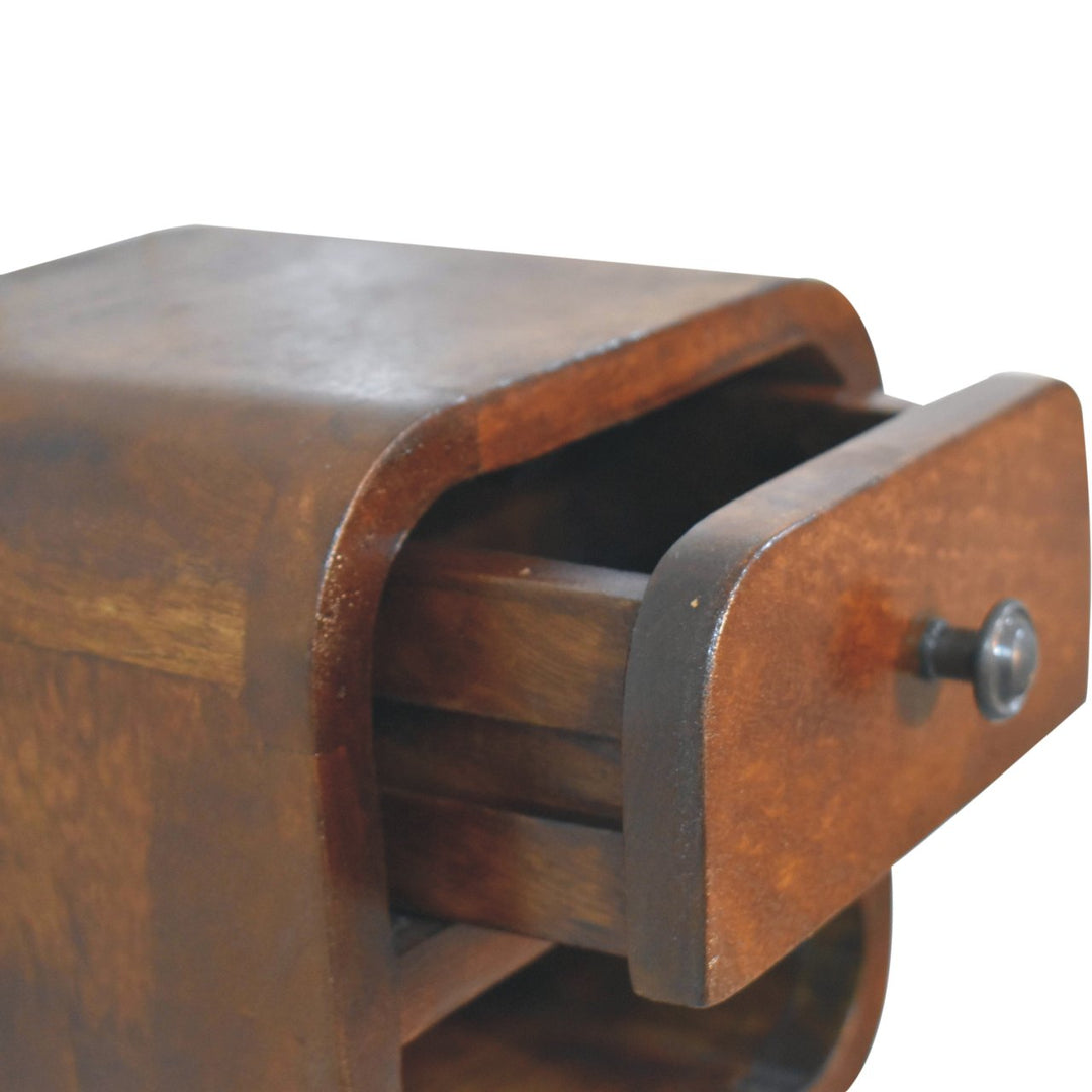 Extra Mini Curved Chestnut Bedside with Open Slot, 1-Drawer, Dark Brown