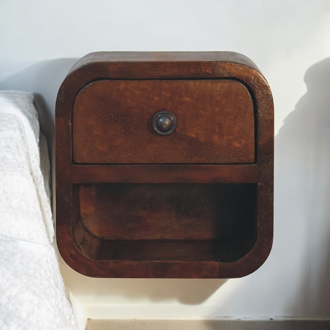 Extra Mini Curved Chestnut Bedside with Open Slot, 1-Drawer, Dark Brown
