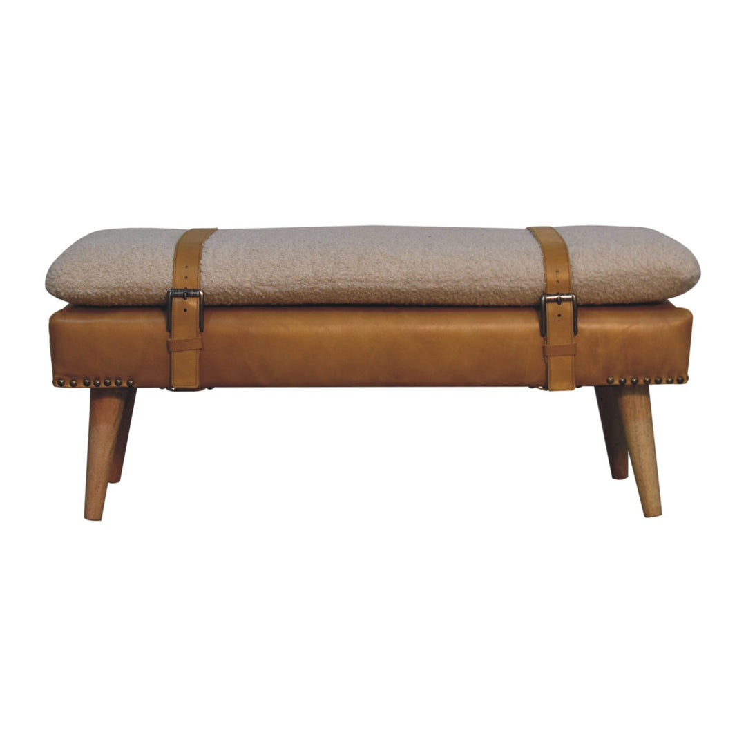 Bouclé Buffalo Hide Leather Upholstered Bench, Tan and Beige