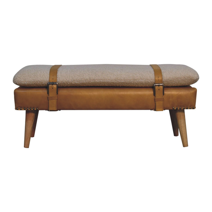 Bouclé Buffalo Hide Leather Upholstered Bench, Tan and Beige