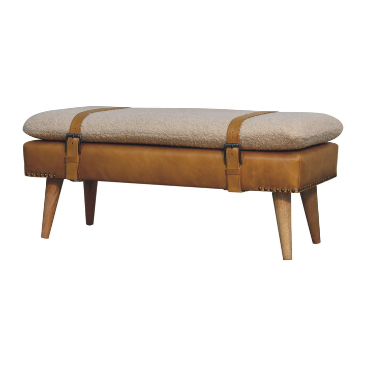Bouclé Buffalo Hide Leather Upholstered Bench, Tan and Beige