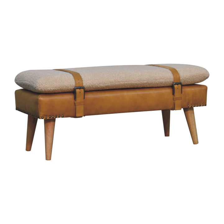 Bouclé Buffalo Hide Leather Upholstered Bench, Tan and Beige