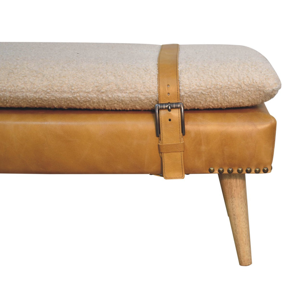 Bouclé Buffalo Hide Leather Upholstered Bench, Tan and Beige