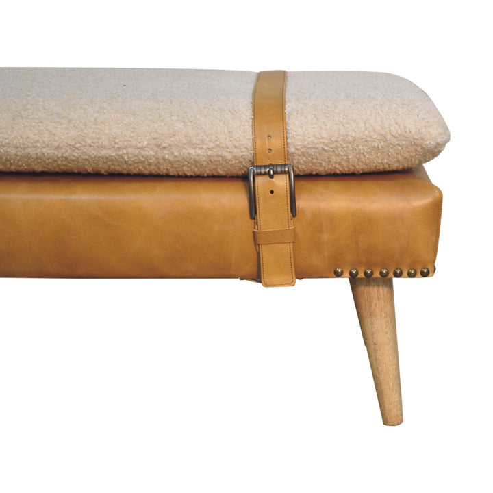 Bouclé Buffalo Hide Leather Upholstered Bench, Tan and Beige