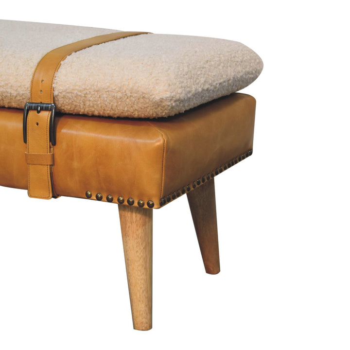 Bouclé Buffalo Hide Leather Upholstered Bench, Tan and Beige