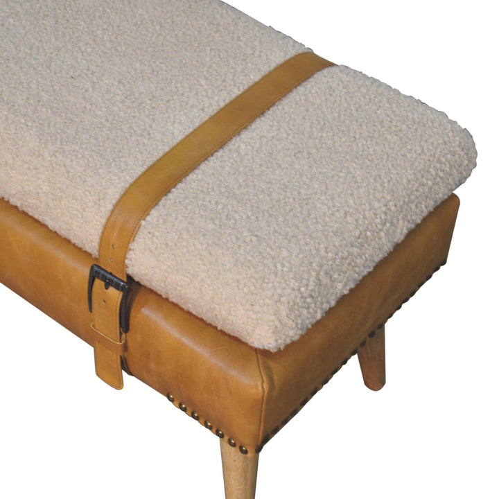Bouclé Buffalo Hide Leather Upholstered Bench, Tan and Beige