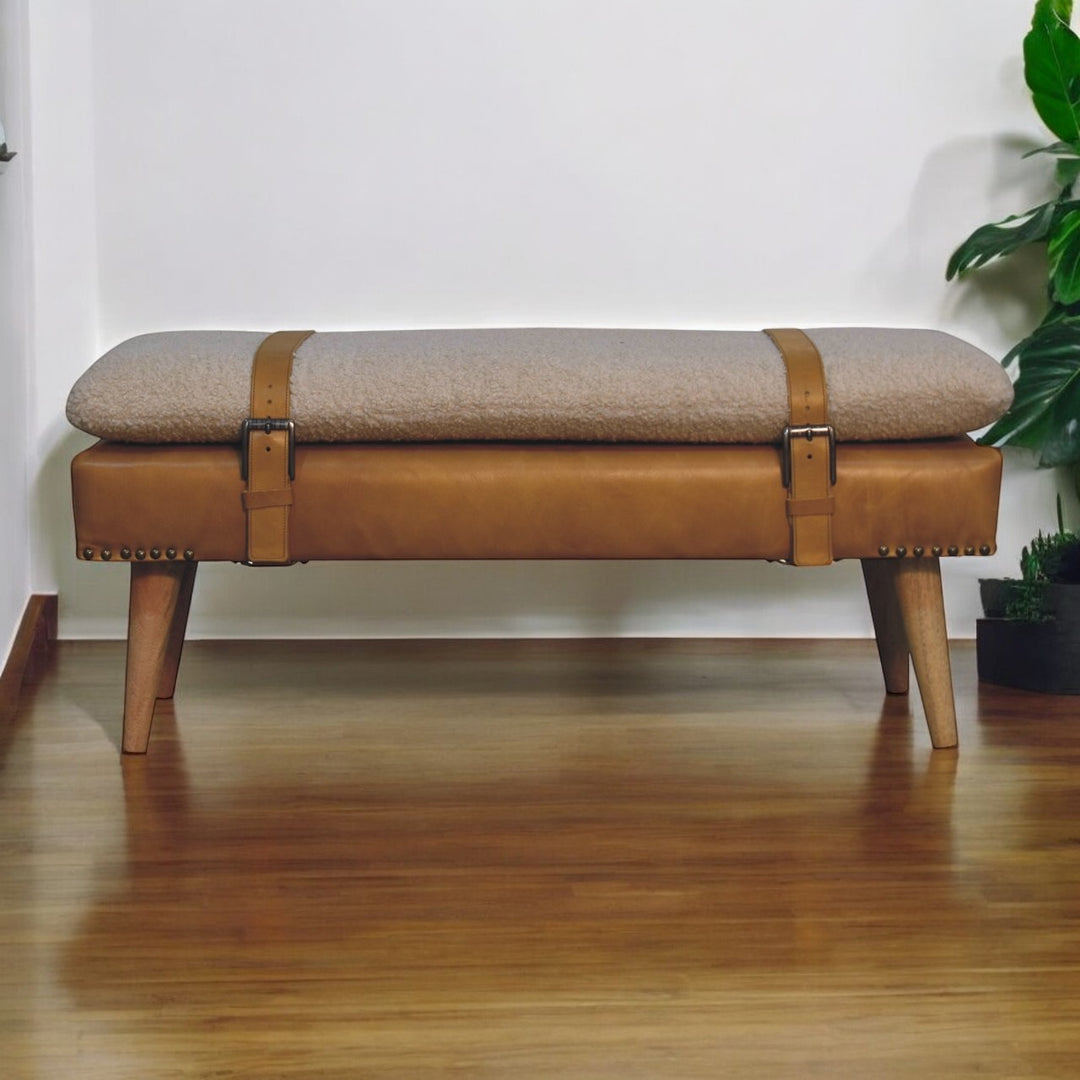 Bouclé Buffalo Hide Leather Upholstered Bench, Tan and Beige